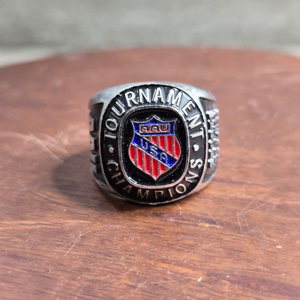 AAU Tournament Champions USA Shield Logo Silver Tone Sports Ring Size 11.5